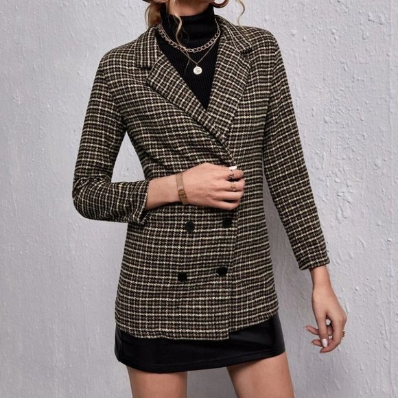 chic double breasted houndstooth & plaid print blazer classy business - Picture 1 of 5